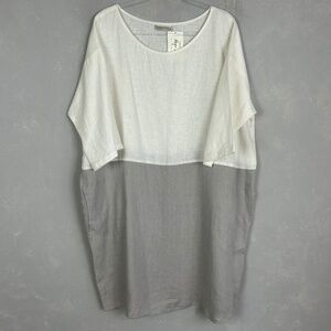 Magic Linen size XL Adria shift dress linen colorblock gray white knee length